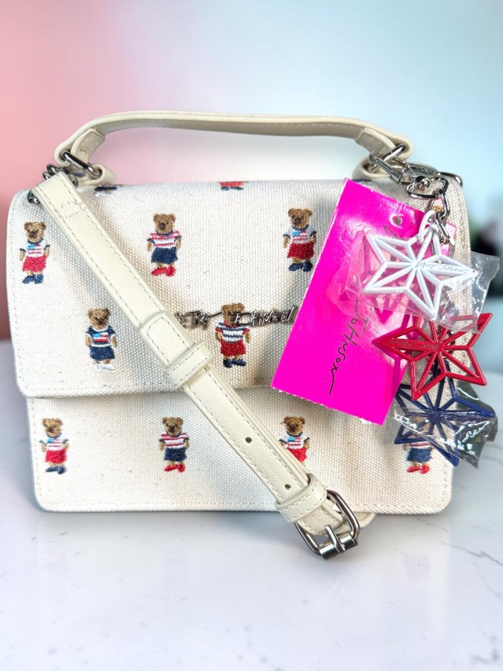 Betsey Johnson Cream Teddy Bear Embroidered Satchel with Star Charm Keyring